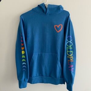 Coldplay Blue Hoodie with Heart and Rainbow Design